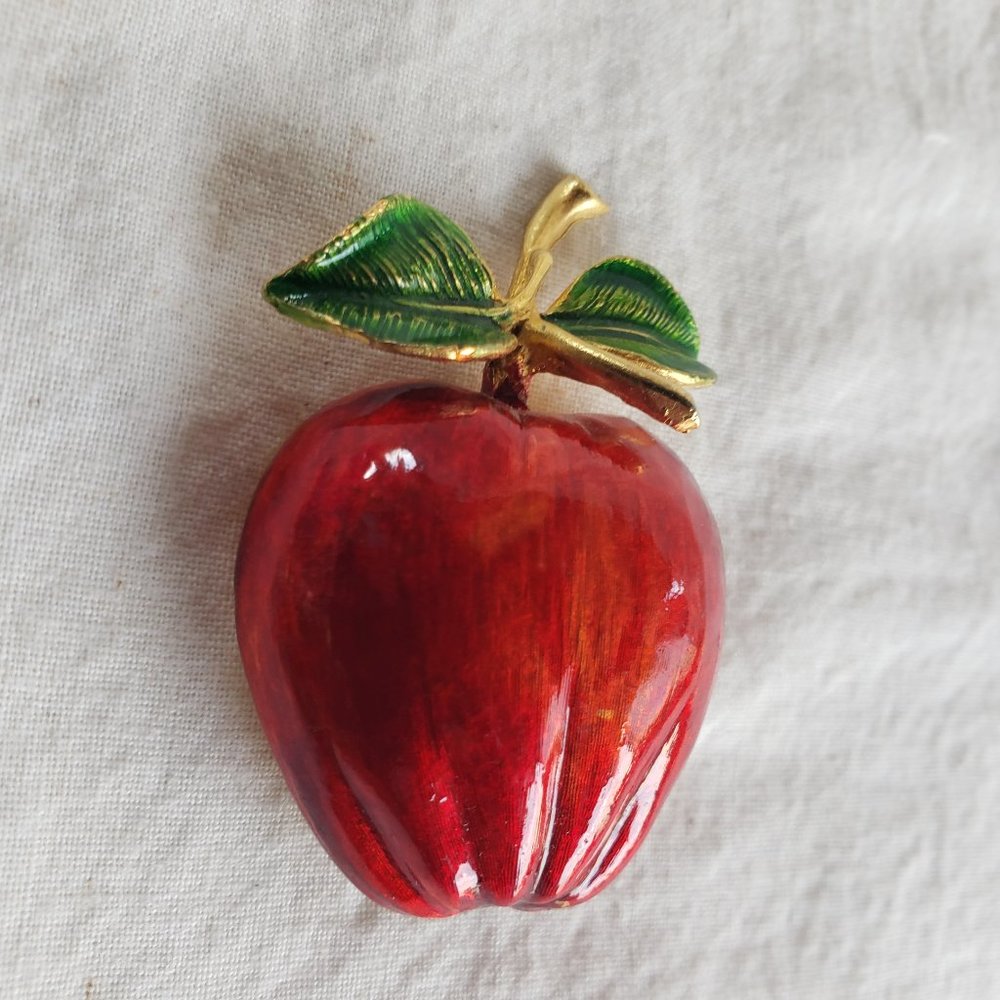 Gold Tone Red Apple Green Stem Fall School Teacher Pin Brooch Large 2 Inch